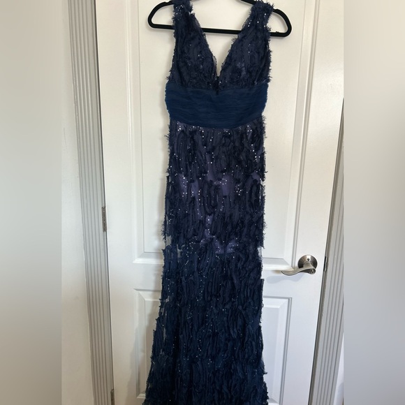 Jovani Navy Satin 100% Silk Tulle Evening Maxi Dress Size 6 Formal Wedding 90s